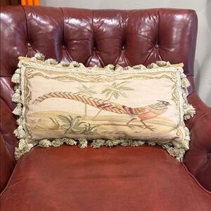 Pheasant Needlepoint Pillow with tan velvet back/tassles/down insert